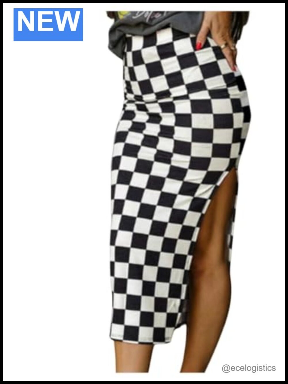Women's High Waisted Checkered Midi Pencil Skirt with Side Slit Bodycon